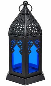 Farol Marroquí Negro de Hierro con Portavelas de Cristal Azul para Decoración del Hogar - Product Image 1