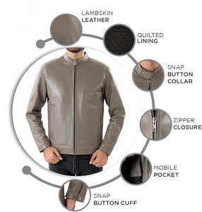 Blouson bomber en cuir PU gris pour homme, col montant, fermeture éclair, coupe ajustée, longueur standard, vêtement décontracté d'automne - Product Image 6