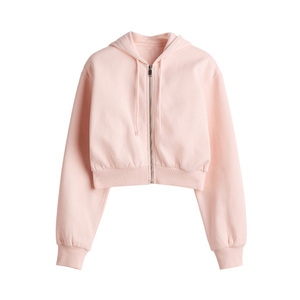 Women's Pink <b>Cropped</b> Hoodie <b>Zip</b>-<b>Up</b> Sweatshirt Solid Color Full Sleeve Hooded Casual Autumn Wear - Product Image 1