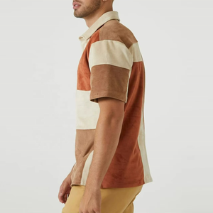 Short Sleeve Button up 3 Color Block <b>Patchwork</b> Splice Faux Suede <b>Shirt</b> for Men - Product Image 3