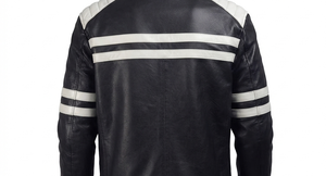 <b>Men's</b> Black PU Leather Moto <b>Jacket</b> With White Stripes Stand Collar Zipper Closure Slim Fit Autumn Style - Product Image 6
