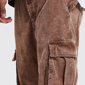 Pantalon cargo en velours côtelé délavé pour homme, marron, coupe décontractée, jambe large, style vintage streetwear, multi-poches, décontracté - Product Image 3