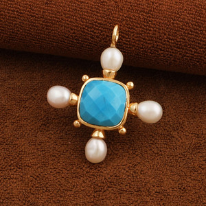 Turquoise Amazonite <b>Moonstone</b> Strawberry Quartz <b>Pendant</b>, Gold Plated Pearl Cross Design Handmade Fashion Jewelry Women Gift Bulk - Product Image 1