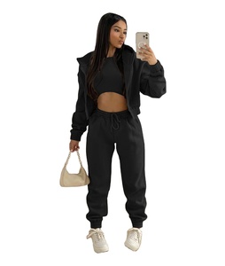 Custom High Quality Fall Winter 3 Piece Fleece Hoodie Hooded Sport Wear Leisure <b>Set</b> Women Tank Top <b>Sweatpants</b> <b>Sets</b> 2025 - Product Image 3