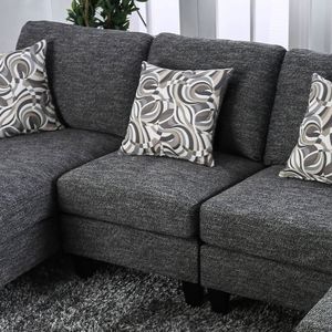 Set Divano Componibile in Ciniglia Grigia 5 Pezzi con Poltrona Senza Braccioli, Pouf e Chaise Longue, Divano Sezionale Imbottito con Cuscini per Arredamento Soggiorno - Product Image 6