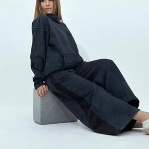 Ensemble de survêtement décontracté en molleton lavé pour femme, sweat-shirt et pantalon ample 100 % coton – Vente en gros Fabricant - Product Image 1