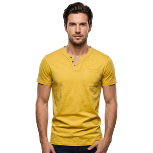 Men's Yellow V-Neck Fit Short Sleeve <b>T</b>-<b>Shirt</b> Solid Color Casual Knitted <b>with</b> <b>Pocket</b> - Product Image 2