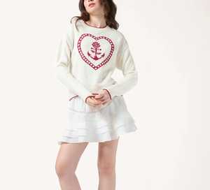 Pull d'hiver chaud en acrylique pour femme, décontracté, avec empiècements de couleur, col et ourlet à surpiqûres contrastées, blanc - Product Image 4