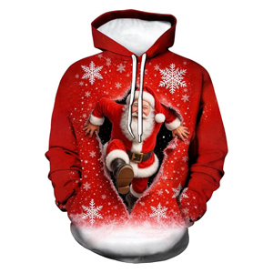 Sweat à capuche personnalisé OEM imprimé par sublimation 3D avec motif Père Noël, pour homme, coupe oversize, motif flocon de neige festif, effet mur déchiré, Noël - Product Image 2