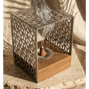 Luxury Modern Wooden Base Metal Mabkhara Geometric Arabic Pattern <b>Bakhoor</b> & <b>Oud</b> Incense Burner for Ramadan and Eid Home Decor - Product Image 1