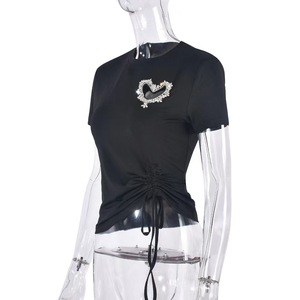 Women's Black Rhinestone Heart <b>Crop</b> <b>Top</b> Short Sleeve Crew Neck Slim Fit Knitted T-Shirt Spring Summer Sexy Club Style - Product Image 3