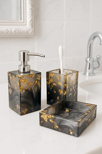 Juego de baño de resina de lujo de seis piezas, dispensador de jabón rectangular, soporte para cepillos de dientes, bandeja de almacenamiento, fácil de limpiar, decoración para encimera. - Product Image 5