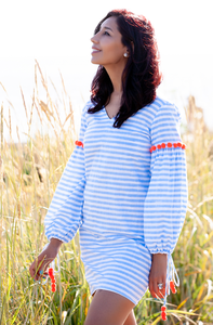 Robe brodée à rayures, décor avec pompons, Collection assortie mère et fille, bleu ciel et blanc, tenue de salon - Product Image 2