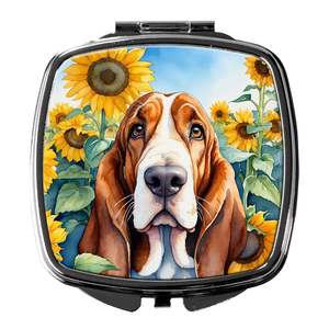 <b>Compact</b> Basset Hound Sunflowers Travel <b>Makeup</b> Mirror Folding Handheld Design Gift for Women and Girls - Product Image 1