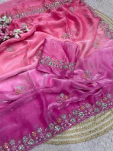 Sari de satén Fandy con diseño de cuentas y lentejuelas, ideal para fiestas, con blusa de satén Fandy con trabajo de cuentas. - Product Image 5