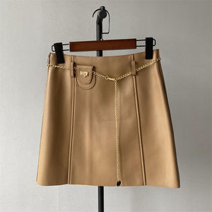 Jupe en cuir véritable pour femme, taille mi-haute, coupe classique, décontractée, avec cordon de serrage, grandes tailles, écologique, infroissable, séchage rapide - Product Image 4