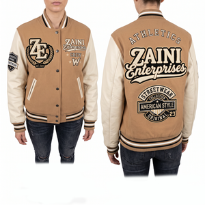 Women Varsity <b>Jacket</b> 500 GSM Wool Blend Body <b>Cream</b> PU Leather Sleeves Custom Chenille Embroidery Applique Logo Rib Knit Trim Fit - Product Image 1