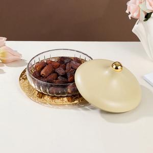 <b>Bowl</b> Engraved Date And Dessert Centerpiece With <b>Glass</b> <b>Bowl</b> And Stainless Steel Base And Lid Arabic <b>Serving</b> Dish - Product Image 4