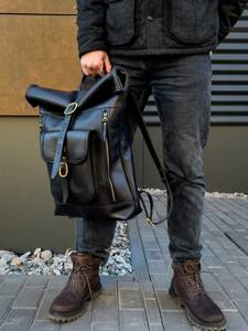 Organized <b>Leather</b> Roll Top <b>Backpack</b> Internal Mesh Pockets Rucksack For Accessories Real <b>Leather</b> Bag LRTB-0196 - Product Image 5