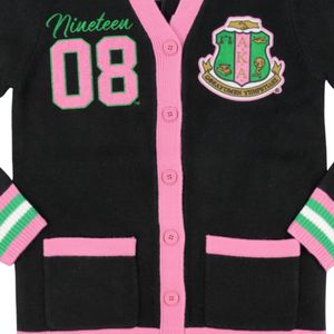 Suéter Cárdigan de Lana Negro con Ribete Rosa y Verde, Chaqueta de Punto con Botones y Escudo Bordado, Moda Femenina - Product Image 2