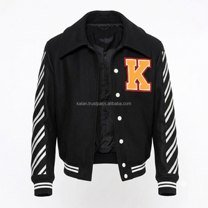 Men's Black Varsity <b>Jacket</b> <b>With</b> Embroidered K Logo Striped Sleeves Turn-down Collar Polyester Shell Satin <b>Lining</b> Autumn <b>Jacket</b> - Product Image 1