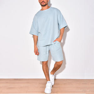 Conjunto de Camiseta y Pantalones Cortos de Algodón Azul Claro para Hombre, Ropa Casual de Verano, Transpirable, Cuello Redondo, Color Sólido - Product Image 1