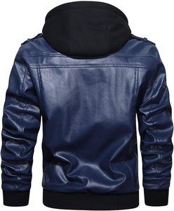 <b>Men</b> Blue PU <b>Leather</b> Moto Biker <b>Jacket</b> Hooded Zipper Front Solid Color Slim Fit Regular Sleeve Autumn Wear - Product Image 3