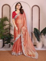 Sari en soie de mousseline Fendy pour occasions spéciales, broderie en relief, bordure à passepoil, séchage rapide, toutes saisons, coupe classique, design de créateur, mariage