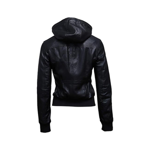 Chaqueta de Motociclista de Cuero Sintético para Mujer, Manga Larga, Cierre de Cremallera, con Capucha, Color Negro Sólido, Ropa de Abrigo de Otoño, Corte Regular - Product Image 3