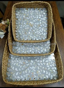 Juego de bandeja de ratán Redonda India asequible con Incrustaciones de nácar natural, perfecto para Ramadán Eid y colecciones de regalos especiales - Product Image 3