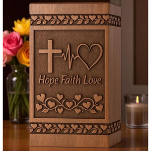 Personalized Rosewood Cremation Urn: Hope, Faith, Love, Cross & Heart wooden urn for ashes Memorial Keepsake by AYAANS - Product Image 1