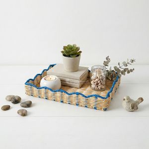 Green Scalloped Rattan Storage Tray with Scalloped Edge, Minimalist Design for <b>Table</b> Organization Unfinished Single Tier - Product Image 3