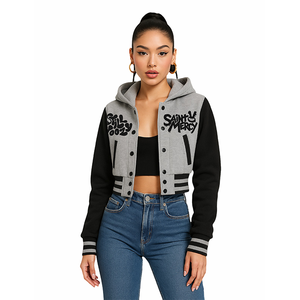 Blouson universitaire classique pour femme 'Still Woozy Saint Mercy' – Modèle hiver gris et noir à capuche pour le streetwear - Product Image 3