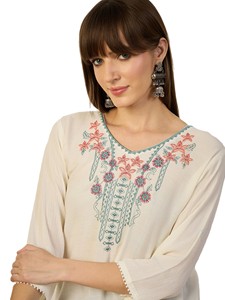 Kurta Boho Bordada para Mujer, Viscosa Pura, Corte Regular, Largo Regular, Top Informal con Bordado Floral, Estilo India-Pakistán, Envío Rápido - Product Image 3