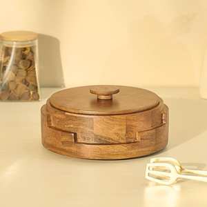 Boîte à chapati en bois de manguier au design excellent, chauffe-roti indien rond avec couvercle, support alimentaire pour table à manger - Product Image 4