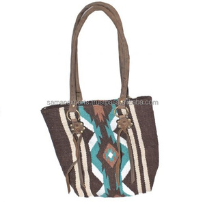 Top Quality Genuine Leather 100% <b>Wool</b> Teal and <b>Brown</b> Saddle Blanket Handbag Bohemian Style Tote Bag Top Supplier - Product Image 3
