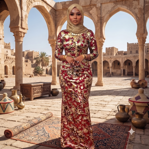 Robe Fransawi Dirac gris argenté et or pour femmes |   Maxi somalien en velours imprimé floral de luxe - Product Image 3