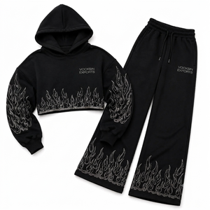 Vocksin Ensemble de survêtement de luxe pour femme, noir, avec sweat à capuche court orné de strass flamme, pantalon large, streetwear premium, 100% coton, séchage rapide - Product Image 5