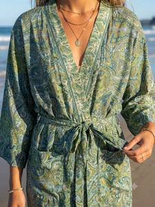 Green Paisley Print Wrap Dress Belt Maxi Three Quarter Sleeve V-Neck Vintage A-Line Beach Vacation Style <b>Silk</b> <b>Kimono</b> - Product Image 2