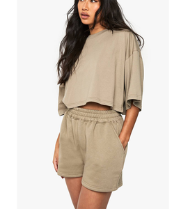 Clothing Manufacturer 2026 Women <b>Set</b> Two Piece Summer Wear Drop Shoulder T Shirt& Shorts 100% Polyester Embossed Logo - Product Image 5