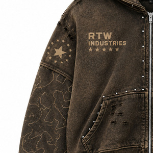 RTW Industries <b>Men's</b> Oversized <b>Hooded</b> Zip-Up <b>Denim</b> <b>Jacket</b> Camouflage Print Streetwear Style Stonewashed Brown - Product Image 3