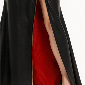 Women's Black Faux Leather Maxi Dress With Zipper And Belt Asymmetrical Collar Three Quarter Sleeve - Product Image 4