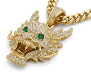 18K Gold <b>Iced</b> <b>Out</b> Dragon Pendant Diamond Pave Emerald Eyes Cuban <b>Chain</b> Lab Grown Custom - Product Image 5