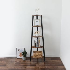 Libreria a 5 Ripiani Effetto Legno con Struttura in Metallo, Scaffale Angolare Rustico per Ufficio e Casa, Supporto per Piante per Uso in Cucina - Product Image 2