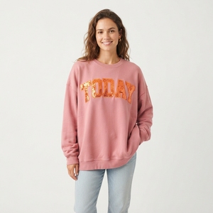 Women Oversized Crew Neck Sweatshirt <b>Pink</b> <b>Glitter</b> Print Sequined Letter Design 100% Cotton Autumn Casual Wear - Product Image 5