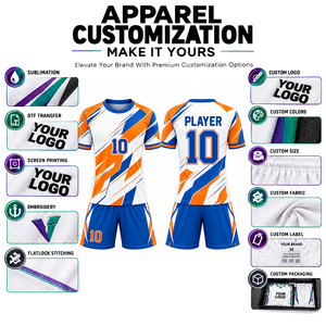 Tenue de football personnalisée, bleu orange, imprimé géométrique, sublimation, évacuation de l'humidité, manches courtes, coupe athlétique unisexe adulte - Product Image 5