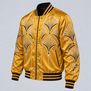 Chaqueta Bomber de Satén con Pedrería de Diseñador, Chaqueta de Moda con Patrón de Estrellas de Cristal Brillante de Lujo para Fiestas Nocturnas y Estilo Moderno - Product Image 3