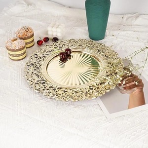 Round Gold Metal <b>Decorative</b> <b>Plate</b> Vintage Engraved Plant Pattern Handmade Charger Dish - Product Image 5