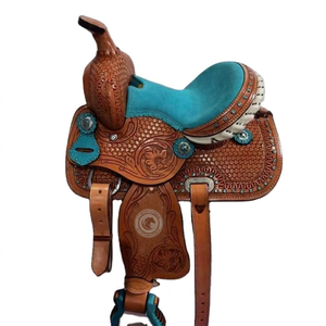 Selle western en cuir premium, sculptée à la main avec motifs floraux, assise profonde confortable pour l'équitation, ensemble de matériel de ranch et de randonnée avec étriers. - Product Image 2