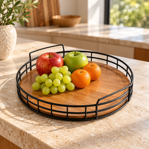 Plateau de service rond en bois naturel |   Plateau de service et de présentation rustique pour table à manger avec poignées intégrées en métal, organisateur de décoration intérieure - Product Image 2